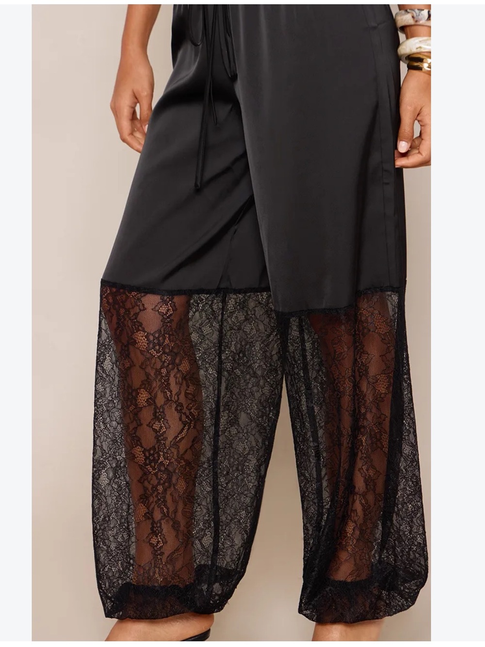 Zara Black Satin & Lace Wide Leg Drawstring Trousers